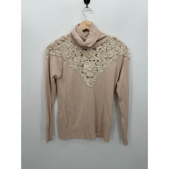 Boston Proper Womens Cream Floral Stitched Turtleneck Sweater Size M Neutral - Picture 1 of 7